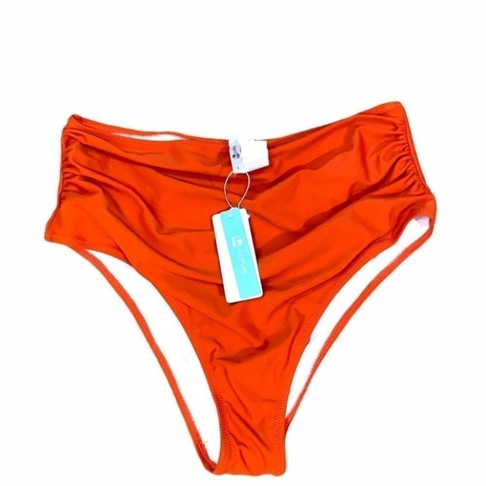 Cupshe Bikini Bottom High Waist Side Ruch Orange Size Large‎